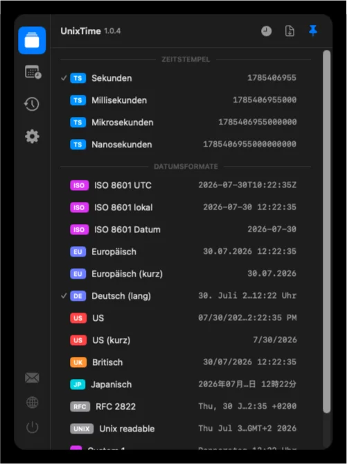 Unix Timestamp Konverter für Mac – Umwandeln in der Menüleiste (Dunkelmodus)