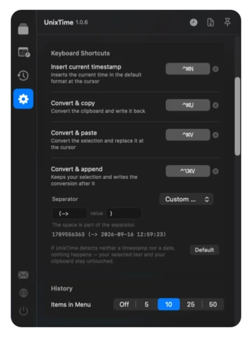 UnixTime settings: four global keyboard shortcuts and custom separators for appended results