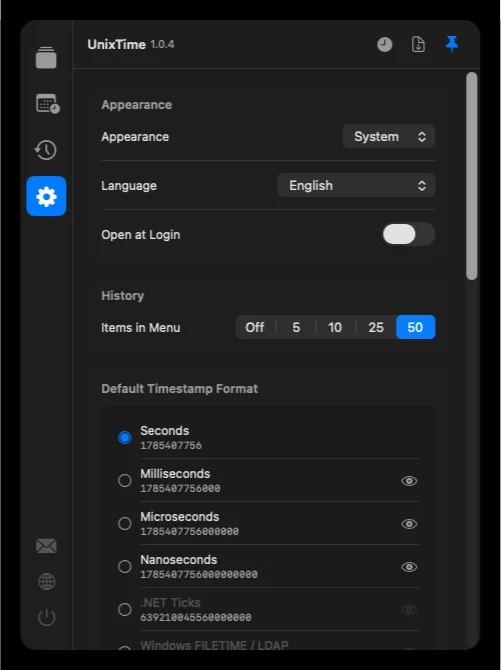 Settings of the UnixTime menubar converter